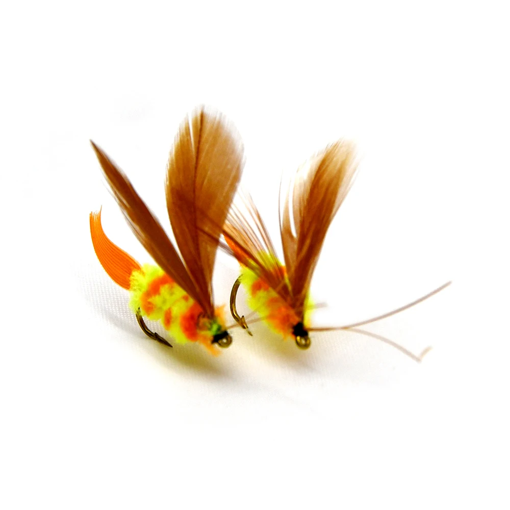 MNFT 10Pcs Fly Fishing Lure 10# Feather Wings Yellow Orange Body Insects Nymph Lures Fly Hooks Fishing Flies Mayfly