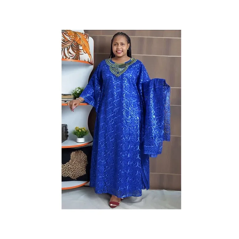 Dashiki African Dresses for Women Spring Summer African Women Blue Yellow O-neck Long Dress Inner and Headtie African Clothes