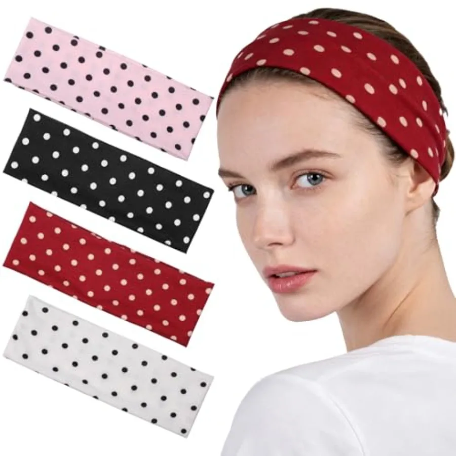 

4 Pcs Polka Dot Headbands, Stretchy Non Slip Wide Head Bands for Women, Soft Fashion Hair Wraps for Yoga Workout Everyday, Mixe