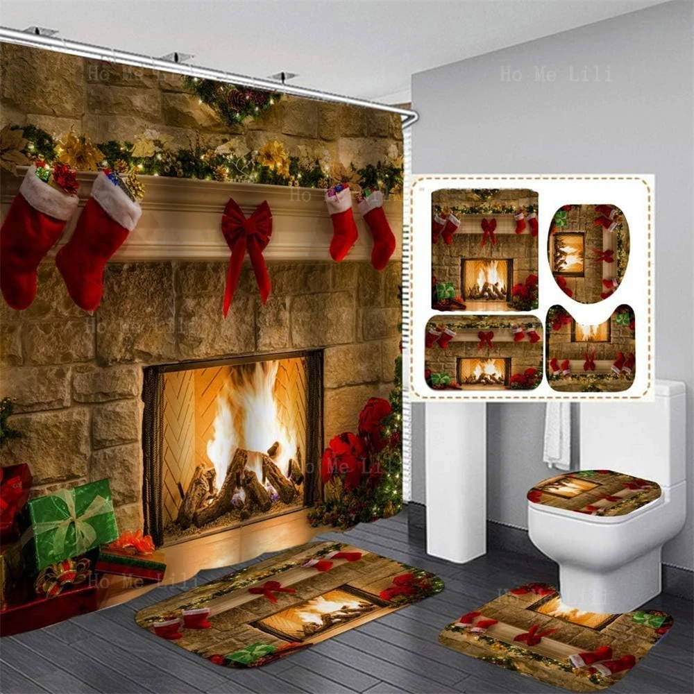 Christmas Fireplace Farmhouse Christmas Eve Stocking Shower Curtain Set And Rugs Four-Piece