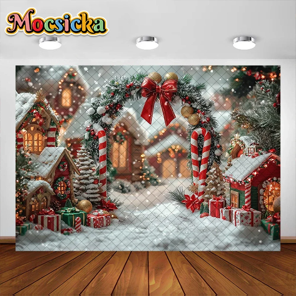 Mocsicka Photography Background Winter Christmas Town Garland Snow Decoration Supplies Boys Girls Portrait Photo Backdrop Studio