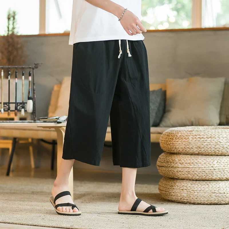 Chinese Style Men Linen Pants Men Wide Leg Trousers Male Drop Crotch HipHop Man Joggers Calf-Length Pants Track Pant Streetwear