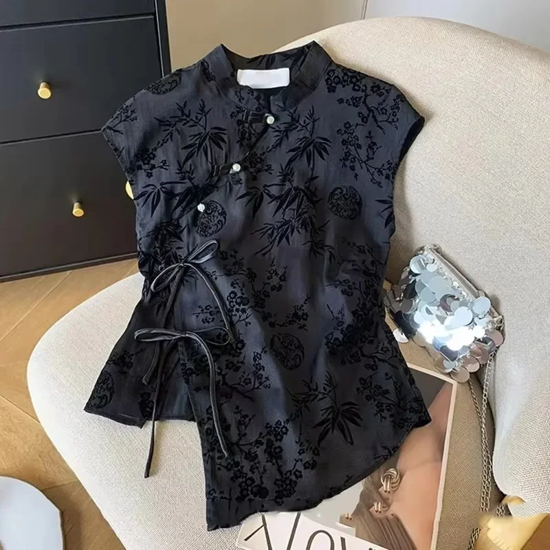 Pop Pop Retro Thin Shirt New Chinese Style Slanting Lapel Cheongsam Top 2025 Summer Black Jacquard Short Sleeve T-shirt Women's