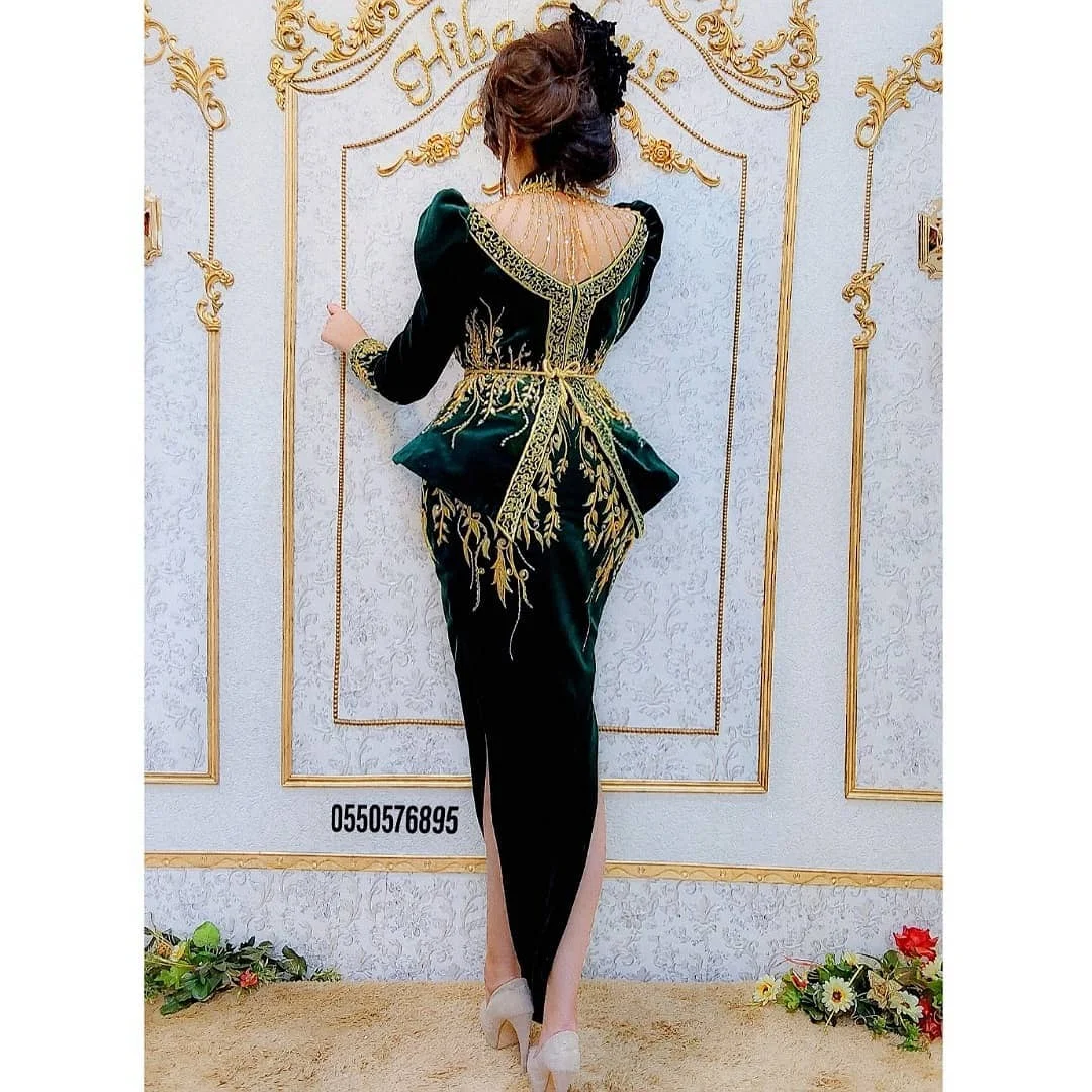 Hunter Green Velvet Prom Outfit Dresses 2022 Gold Lace Embroidery Long Sleeve High Neck Slit Caftanalgerien Caftan Evening Gown