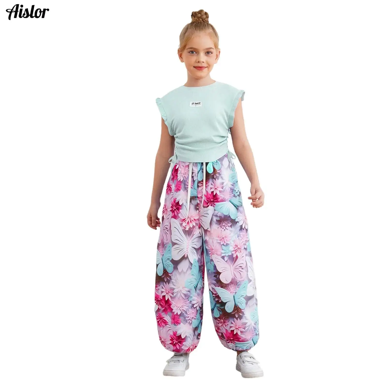

Summer Sets Kids Girls Clothing Outfit Ruffled Sleeveless Sides Drawstring Ribbed Top Shirt+Floral Printed Pants Beachwear