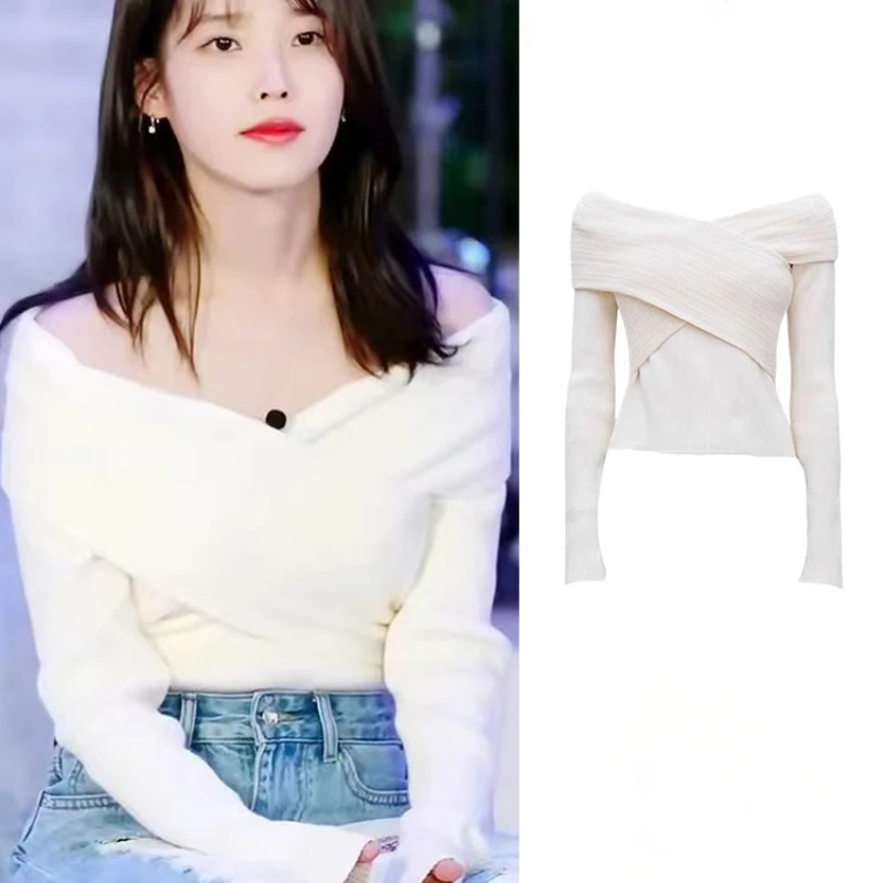 

New Kpop Women Long Sleeves White Sexy Off-Shoulder Cross Tops Singer Concert Stage Clothing Nightclub Dance Performance Clothes