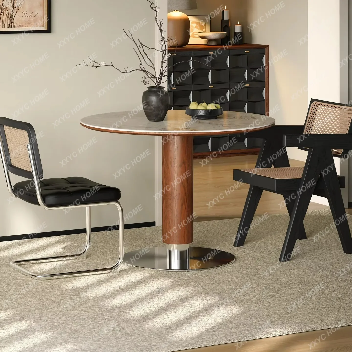JSolid wood walnut dining table Via round table household medieval wind tunnel stone slab table