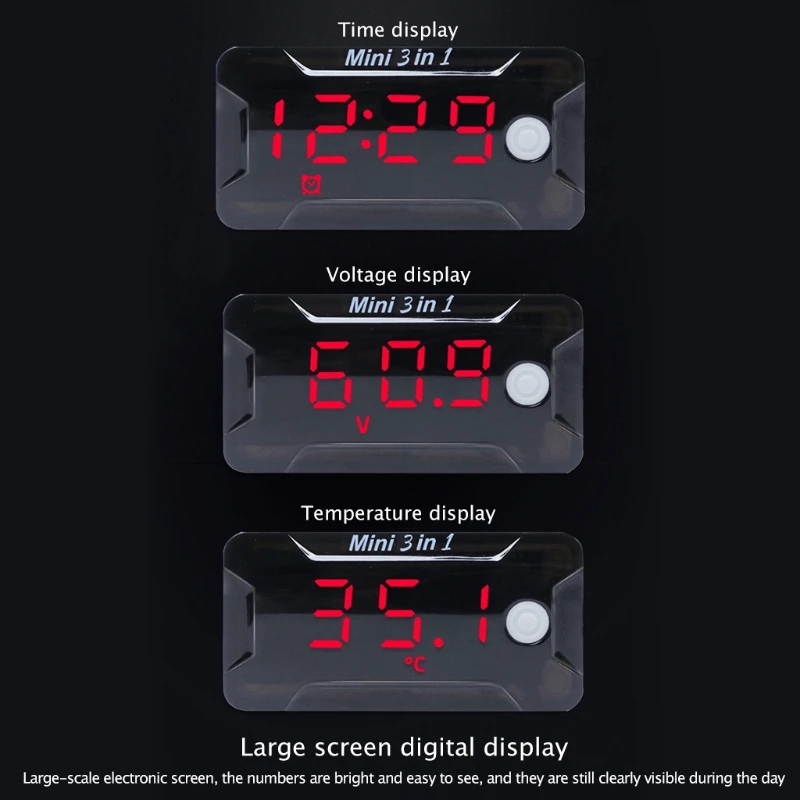 Orologio elettronico universale per moto 3 in 1, termometro, voltmetro, orologio a LED antipolvere, display digitale per DC 8V-72V