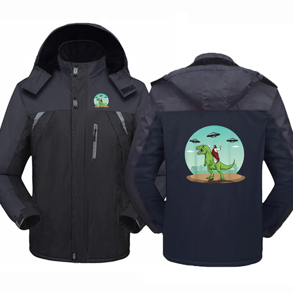 

2025 Men's Autumn And Winter Dinosaur Jesus Logo Print Popular Leisure Cold-Proof Jacket Warm Zipper Hoodies High Quality Coat