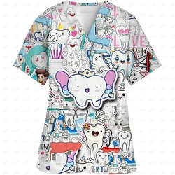 Summer Women's Clothing With Teeth printing Short Sleeved V-Neck Fashion Frosted Tops Uniform Short Sleeve dentist Nurse New