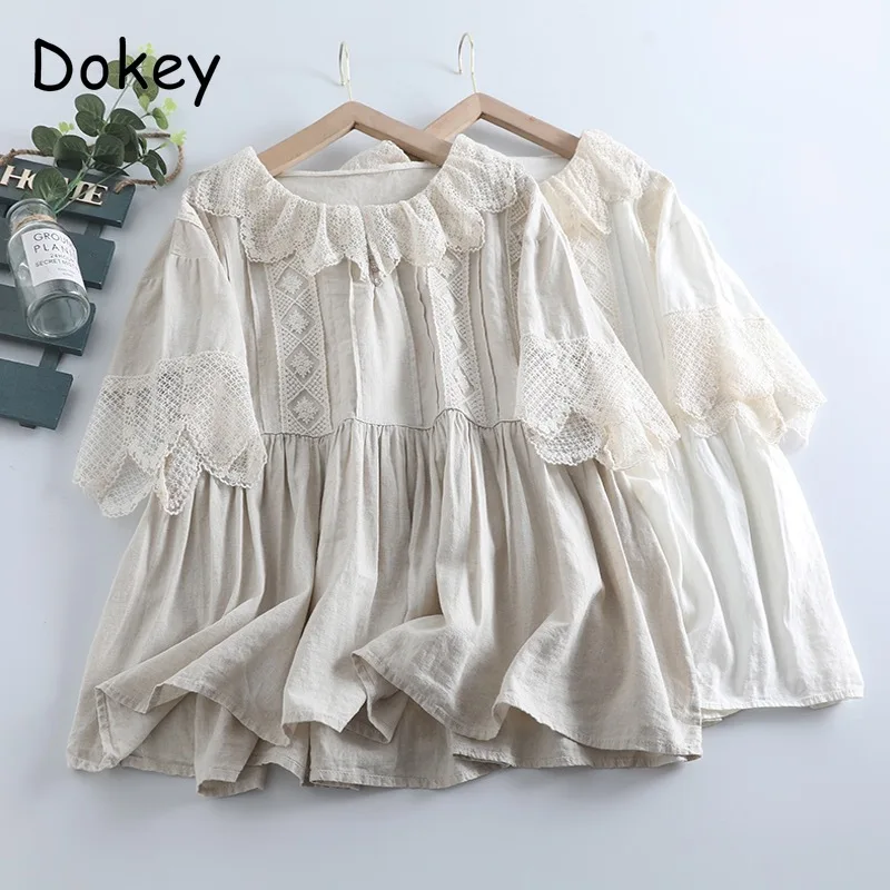 Vintage Lace Ruffled Cotton Linen Shirt Women Summer Sweet Mori Girl Kawaii Short Sleeve Top Japan Style Casual Loose Doll Shirt