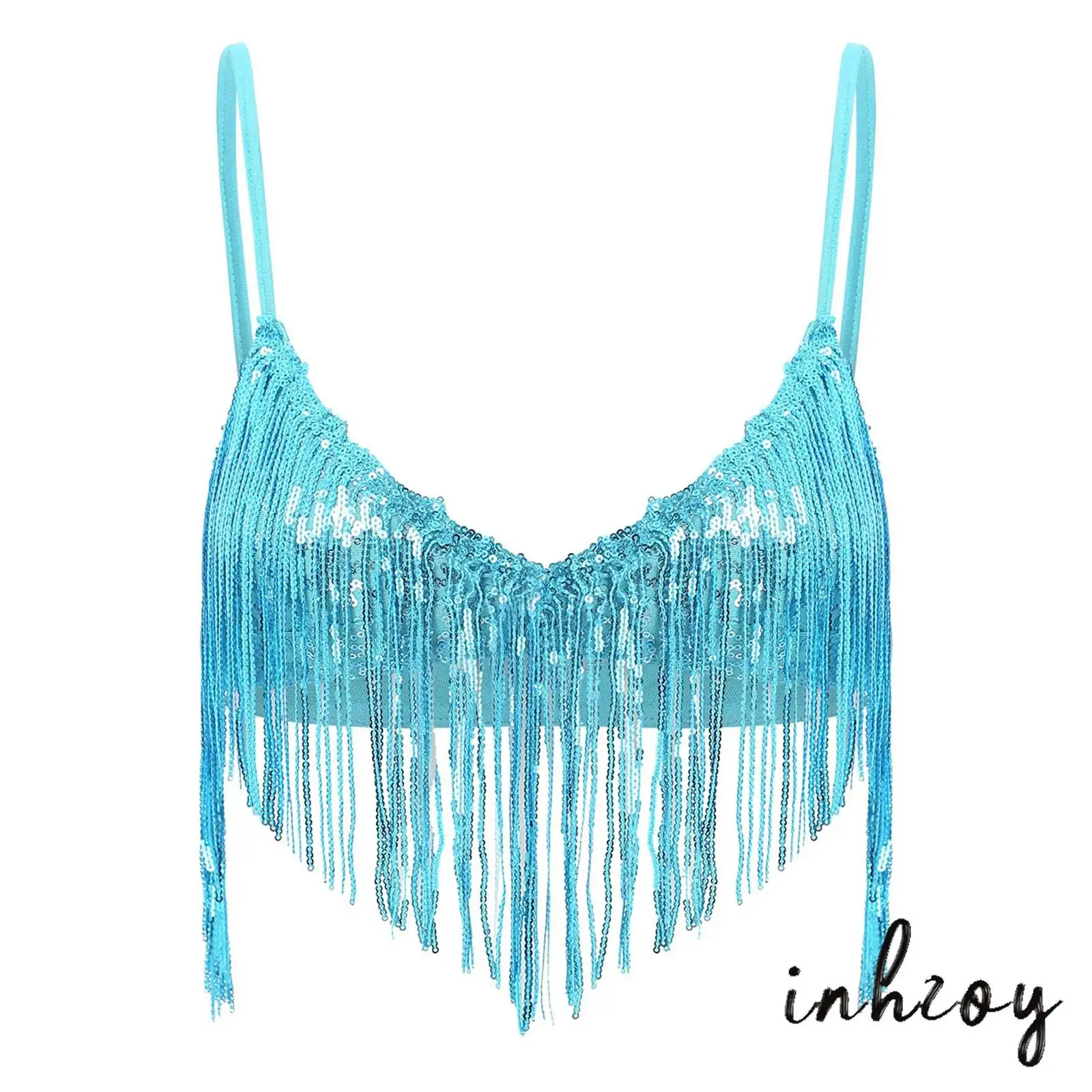 

Womens Shiny Sequin Tassel Bra Tops Swing Sequin Fringe No-pad Wireless Bralette Bra Clubwear Dancewear for Belly Dance Disco