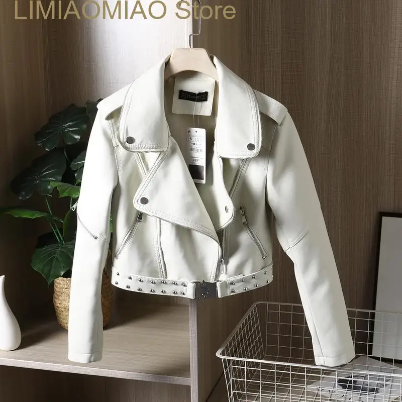 new Faux Leather Jacket Rivet Waist Buckle Spring Slim Long sleeve Biker Jacket Streetwear Beige Green Korean Short Coat