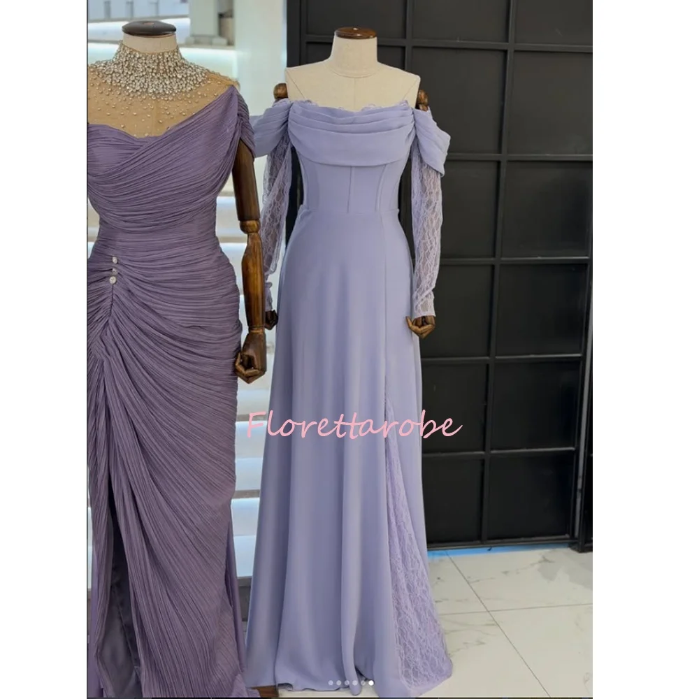 Women's A-line Mother Of The Groom Dresses Long Off The Shoulder Full Sleeve Mother of the Bride Dress  Lace Draped Customized