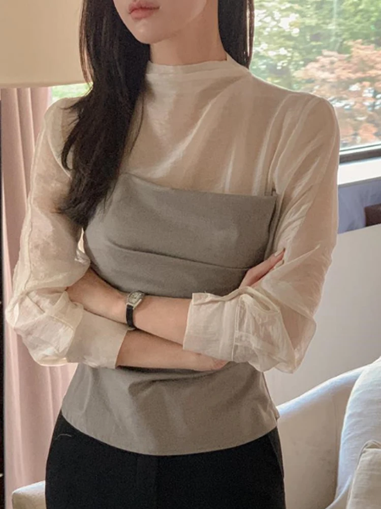 Ele emendado plissado ort irt feminino coreano sle fino ajuste chique transparente f gola alta longo sve topo