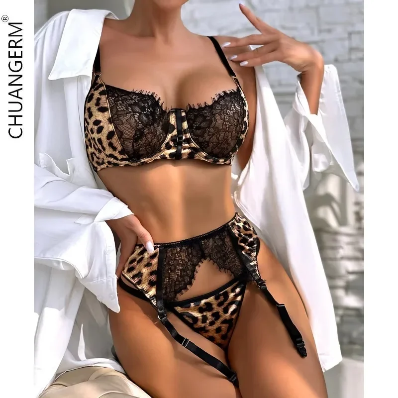 

CHUANGERM 3 Piece Leopard Lace Spliced Sensual Bra&Briefs Suits Porno Strapless Corset Lingerie Women Club Sheath Underwear Sets