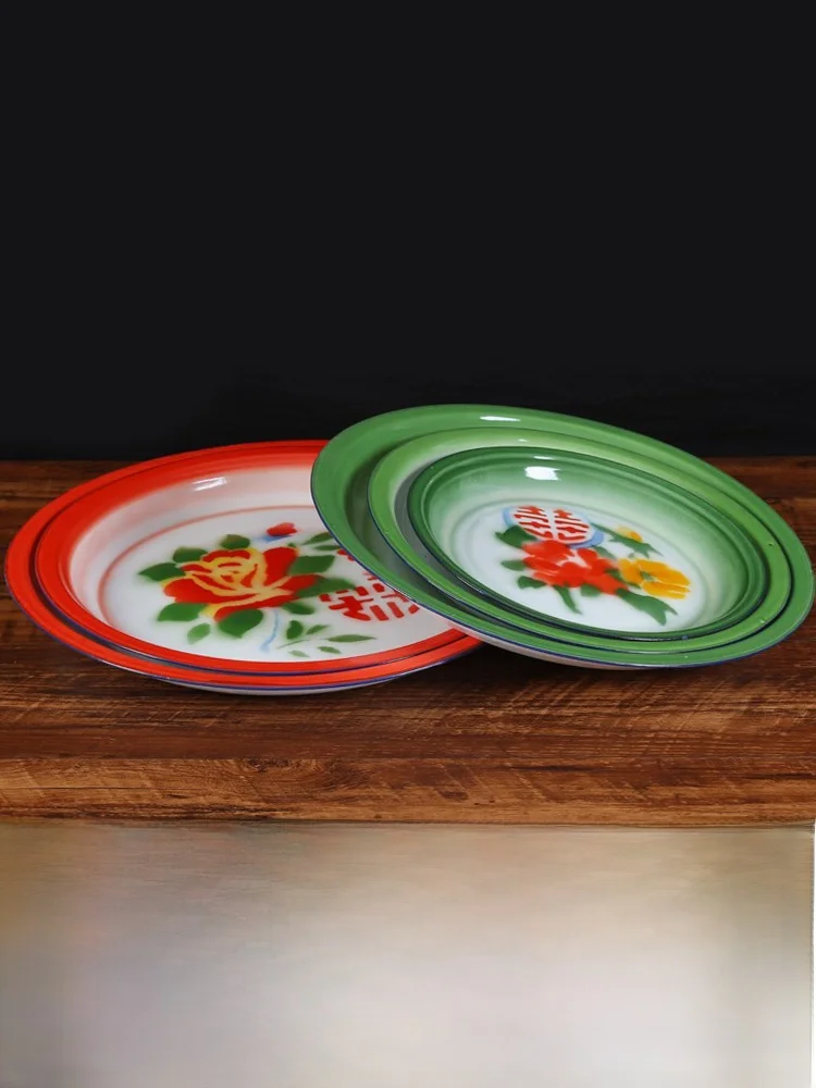

Retro Enamel Tea Plate round Chien Fi Di Restaurant Special Cerc Di Iron Tray Traditional Chinese Design Adult Use