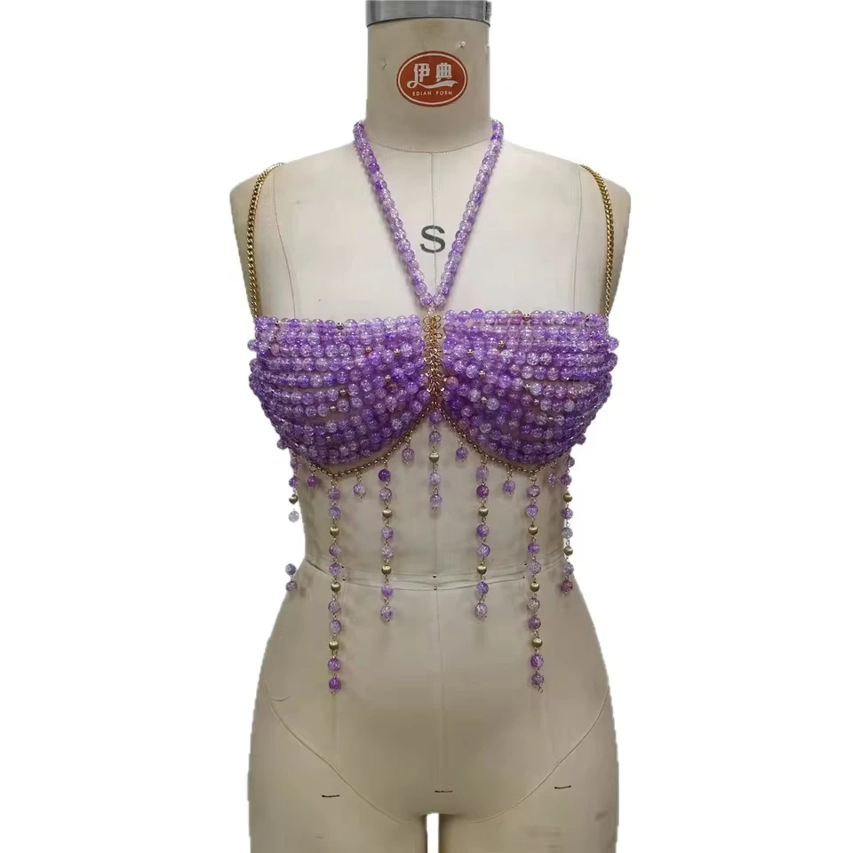 European And American Purple Pearl Tassel Chain Hanging Neck Small Vest Body Chain Chest Chain Sexy Beaded Top