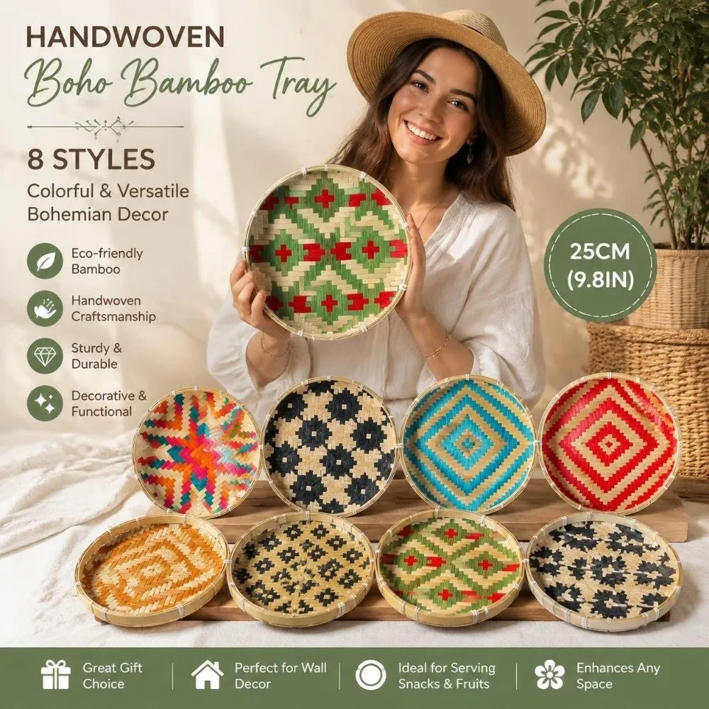 Handwoven Bamboo Winnowing Tray Bohemian Storage Basket Bamboo Woven Dustpan Plate Wall Decor Colorful Bamboo Woven Sieve