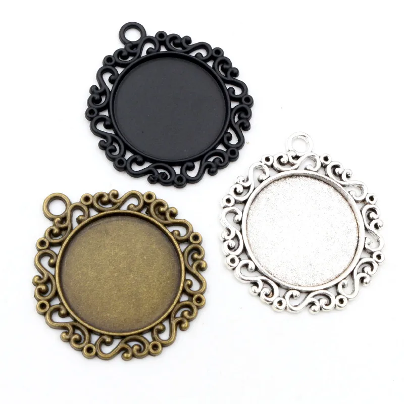 New Fashion 5pcs 25mm Inner Size Black Antique Silver Plated Classic Flower S Style Cabochon Base Setting Charms Pendant