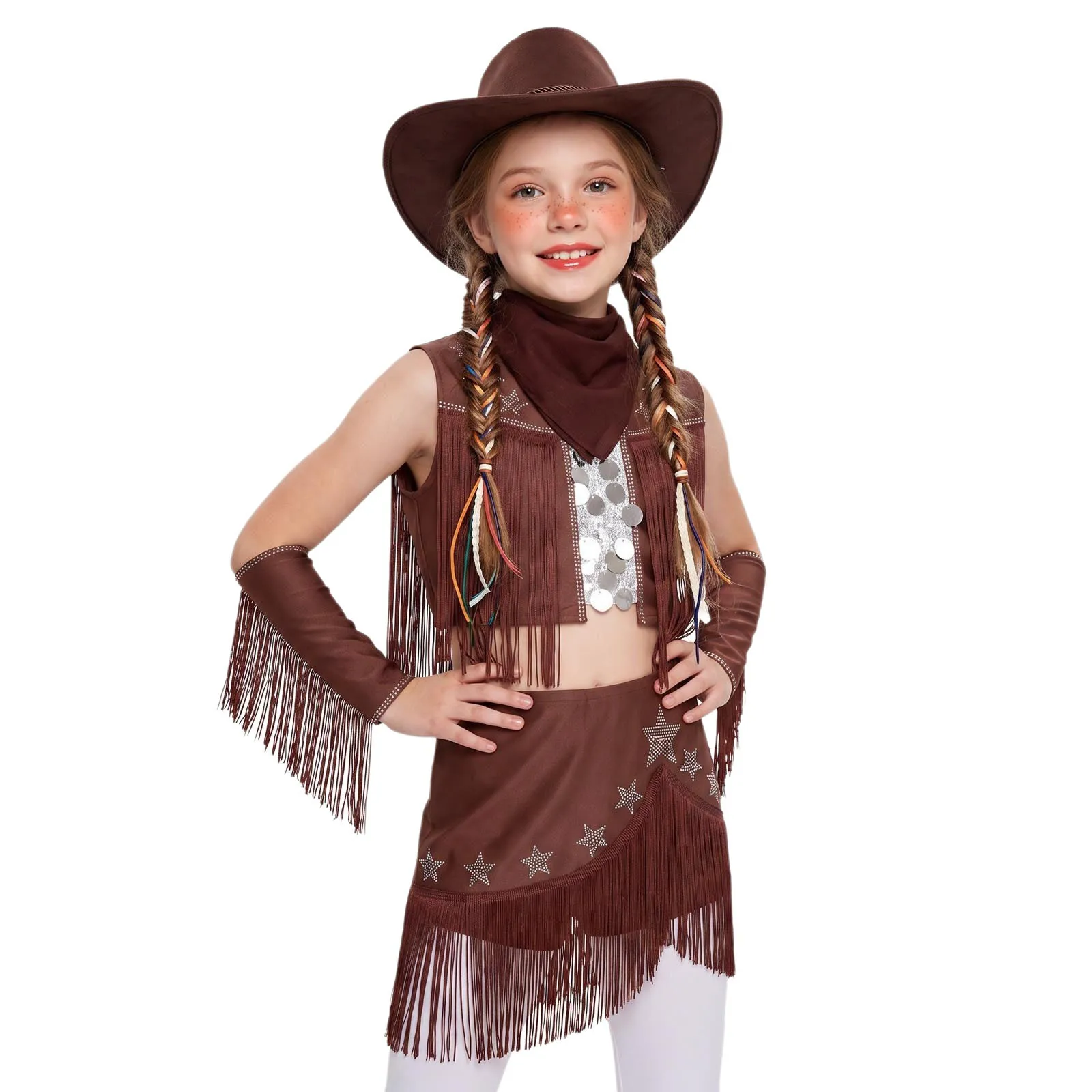 Girls Latin Dance Outfit Halloween Western Cowgirl Cosplay Costume Sleeveless Sequins Tassel Tops with Skirt Gloves Hat Kerchief