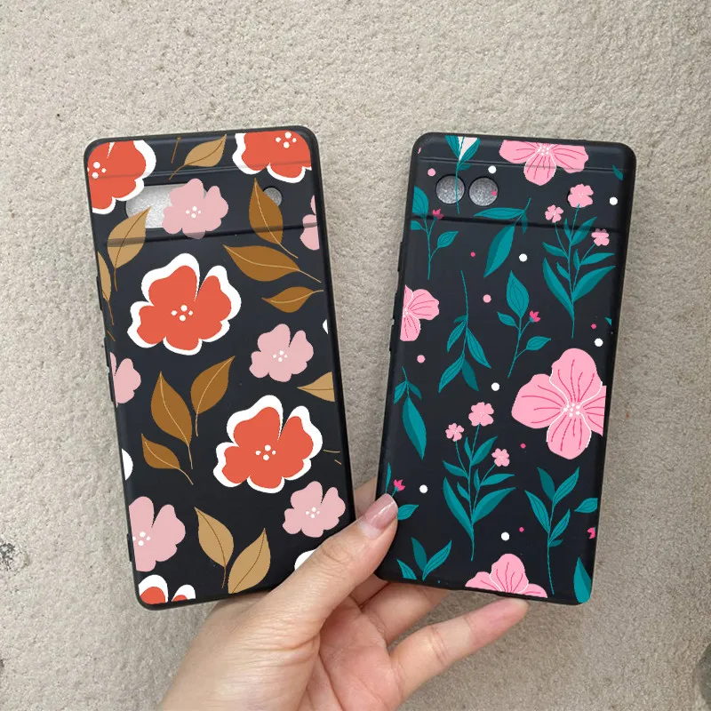 For Google Pixel 8 7 Pro 7A 6A 6 5G Case Black Soft Silicon Full Protect Lovely Floral Flower Cover Phone Shell Funda