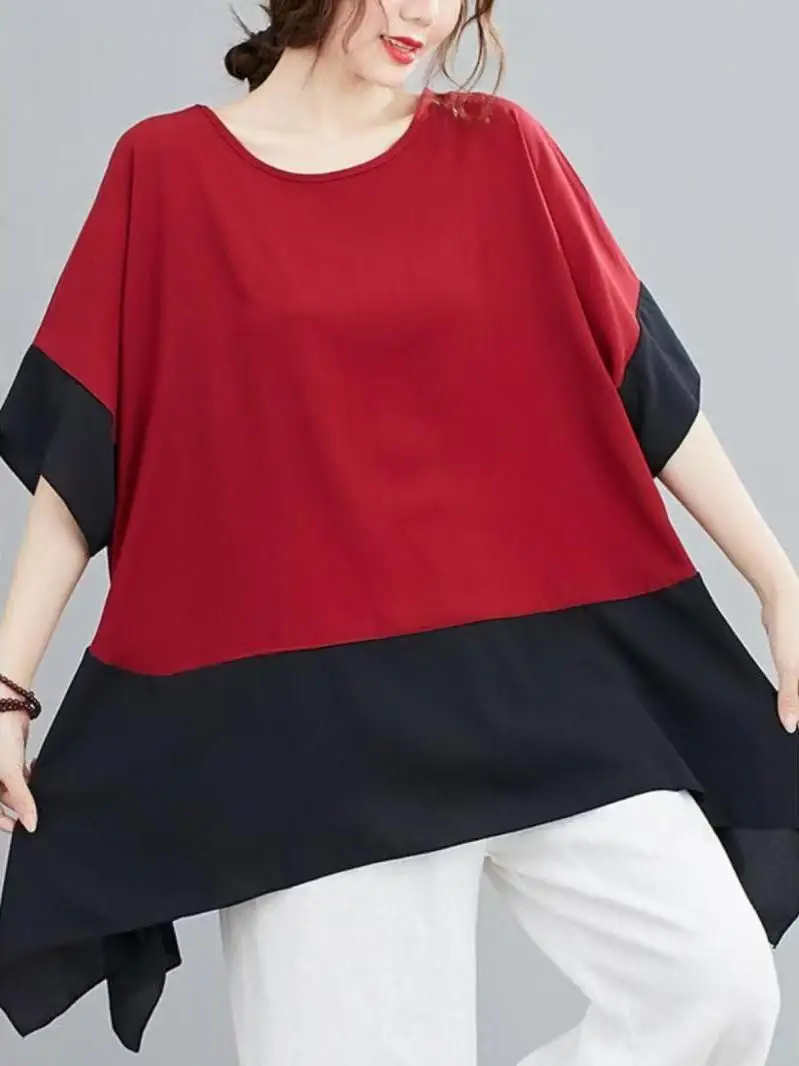 

Loose plus Size T-Shirt Short Sleeve Splice Slimming Belly Covering Summer Casual Women's Top Brand Tag Removed Polyester Fiber