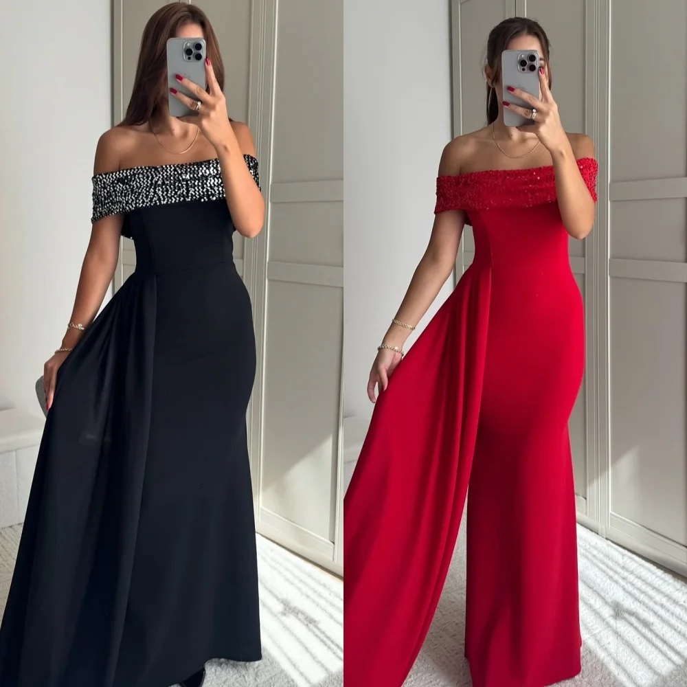 

Customized Matching Sexy Jersey Pleat Sequined Mermaid Off-the-shoulder Long Dresses Bespoke Occasion Dresses Sizes Available