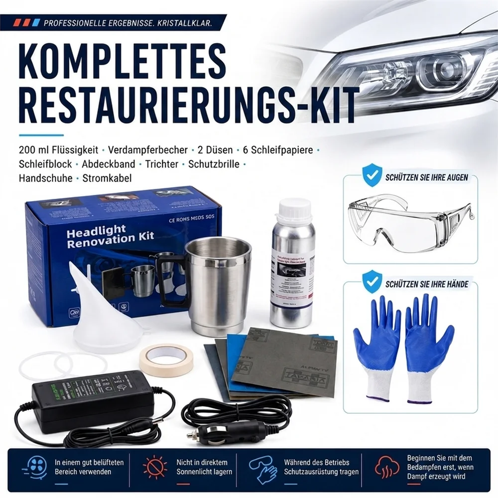 Auto-Scheinwerfer-Restaurierungsset 200ml Linsenreparaturflüssigkeit Dampfbecher Schleifpapier Polierset für vergilbte, oxidierte, trübe Scheinwerfer