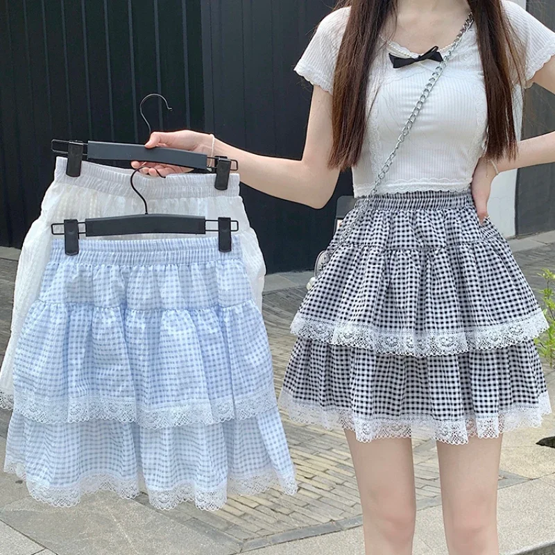 

Harajuku Lace Patchwork Mini Skirt Girls Kawaii Elastic High Waist Plaid Skirts Female Sweet Lolita A-line Faldas Mujer New