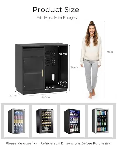 39" Coffee Bar Cabinet with Mini Fridge Space & LED Lights, Black | Mini Fridge Cabinet with Drawer & Storage Cabinet - view 2