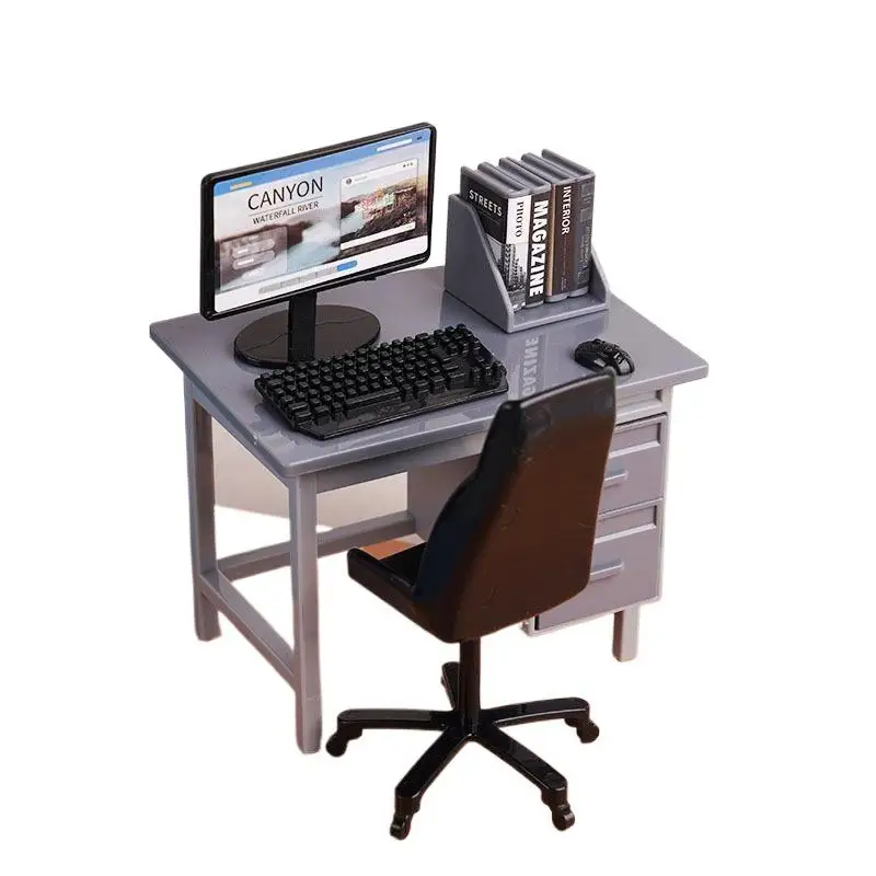 ชุดตกแต่งเฟอร์นิเจอร์สำหรับบ้านตุ๊กตา 1 ชุด 1/12 เก้าอี้โต๊ะคีย์บอร์ดคอมพิวเตอร์ขนาดเล็กในห้องอ่านหนังสือที่บ้าน