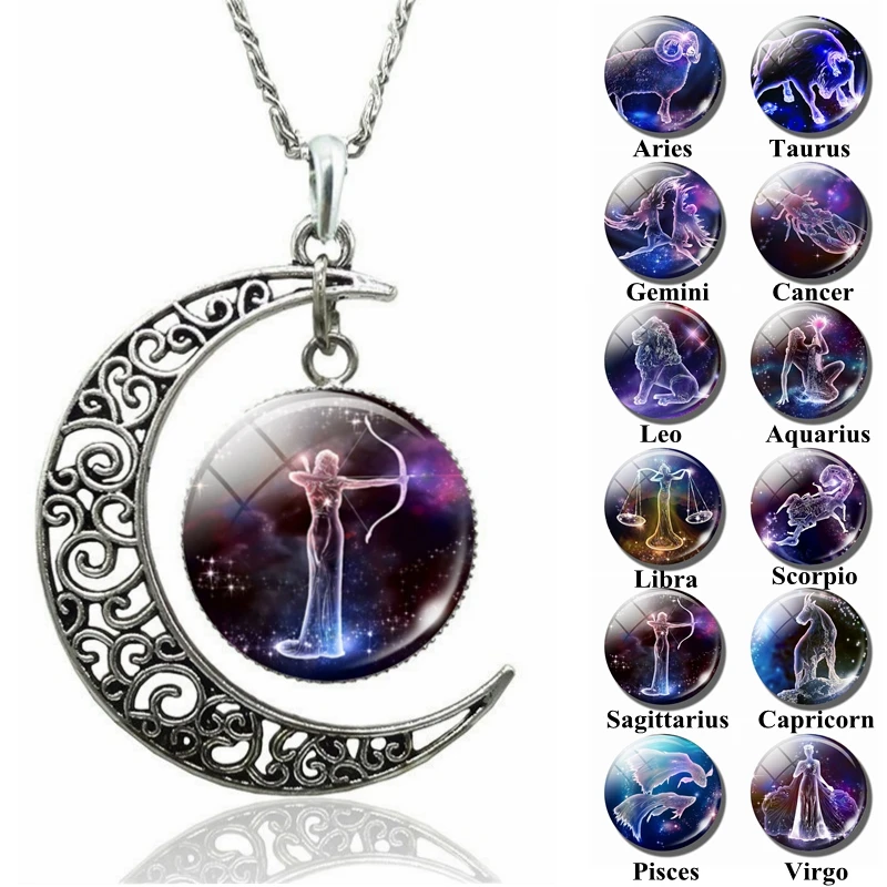 Collar con colgante de luna creciente de cristal de cabujón de signos del zodiaco para mujer, cadena de clavícula, regalos de cumpleaños, 12 Constelaciones