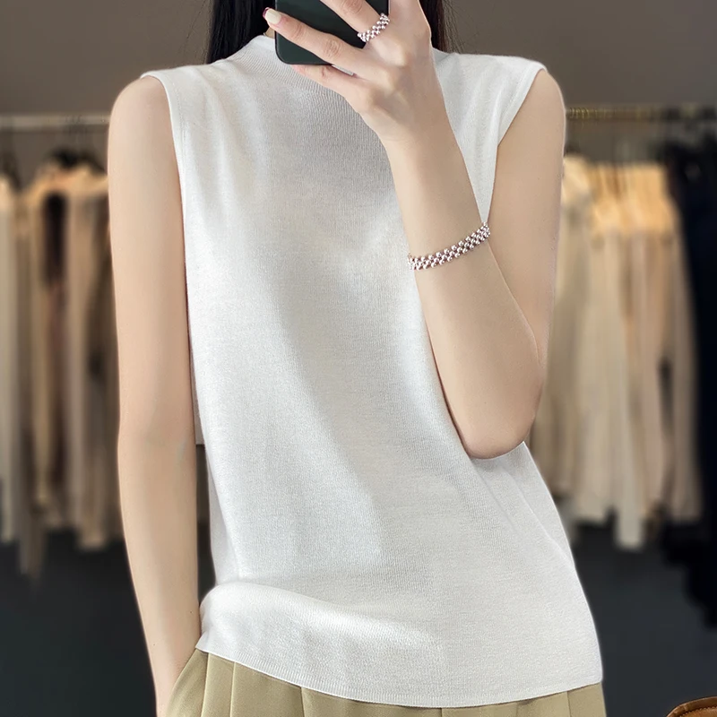 

2024Cashmere Vest Women's 100% Merino Wool Pullover Indoor Sleeveless Sweater Half-turtleneck Office Tops Waistcoat