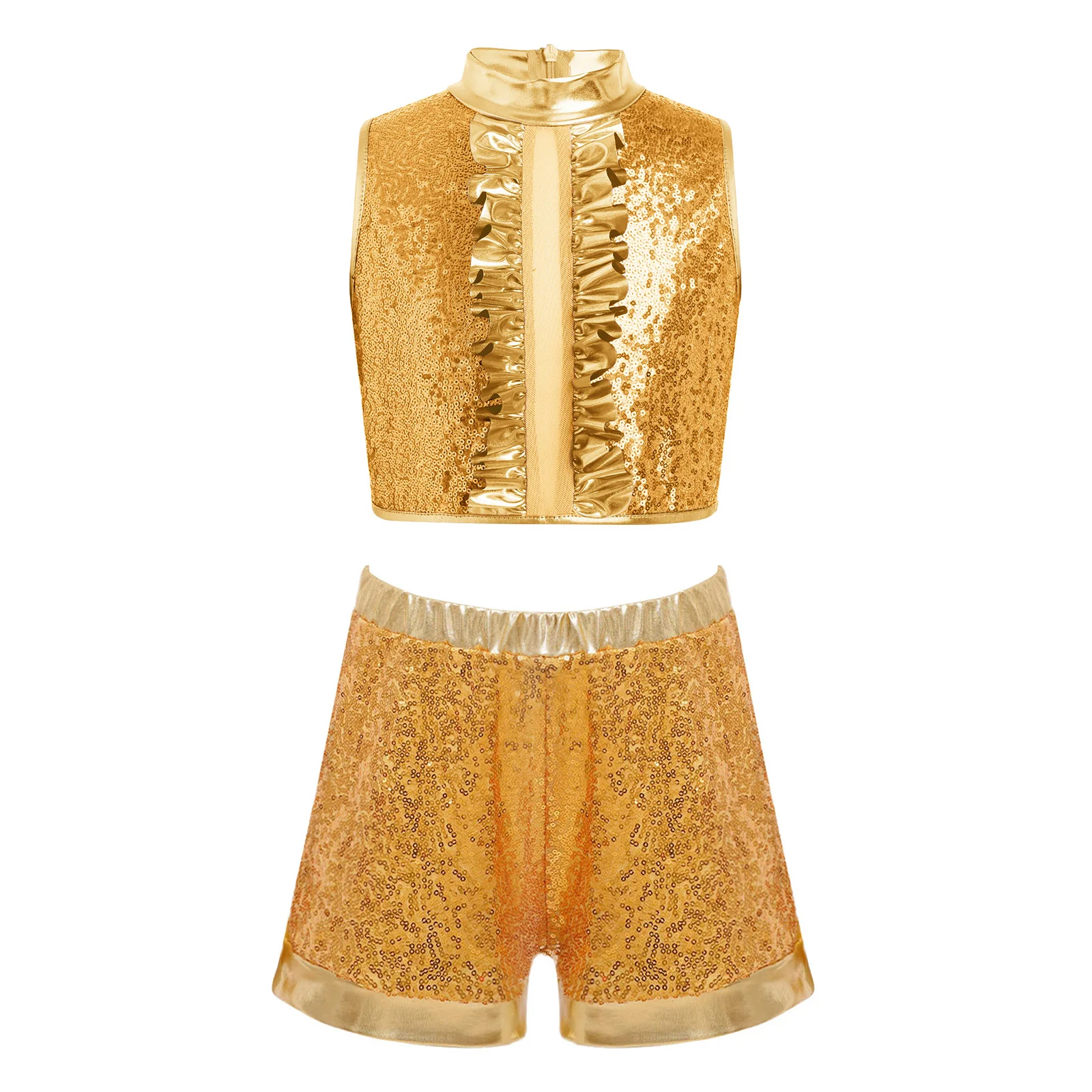 Kids Girls Metallic Shiny Jazz Dance Outfit Sleeveless Sequin Ruffles Crop Top with Shorts Disco Party Hip Hop Street Dancewear