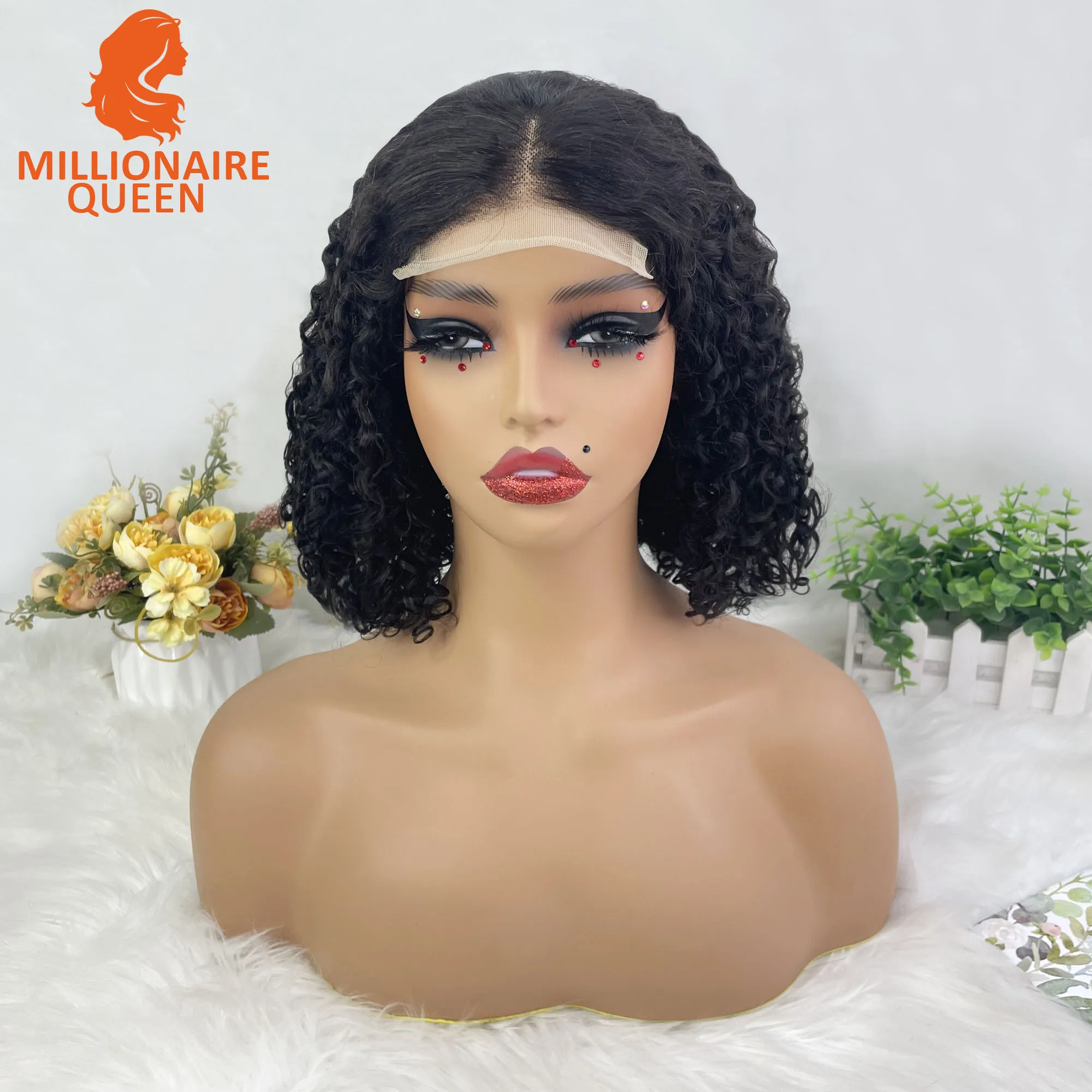 Bouncy Super Double Drawn Vietname Hair Pixie Curly 4x4 Bob Wig with 100% Human Hair Nature Black 250% Density For Black Women