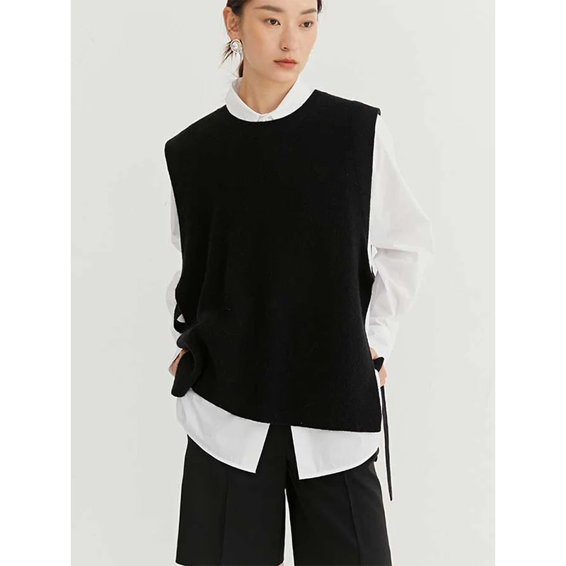 

Retro Bla Knitted Vest Women's Spring Autumn Belted Layering Design ort Outerwear Top round Ne Pure Color Faion