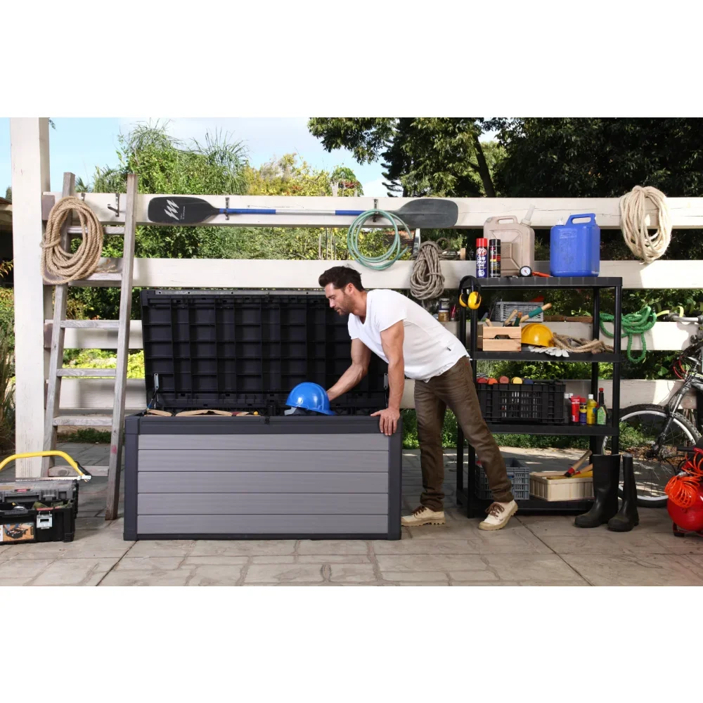 Outdoor 150 Gallon Wood and Resin Deck Box, Black and Gray Storage Boxes 59.70 X 28.50 X 27.55 In