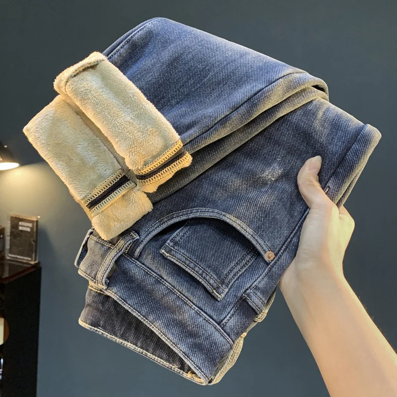 Thick and flannel denim pants for men with Chinese style embroidery printing for winter warmth, high-end cold resistant pants