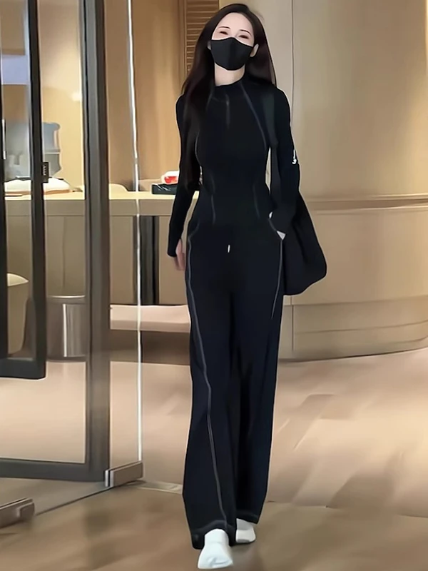 

Outdoor Running Casual Sportswear Set Women's Autumn High Waist Slimming Black Open Cardigan Wide Leg Pants Two Piece Set