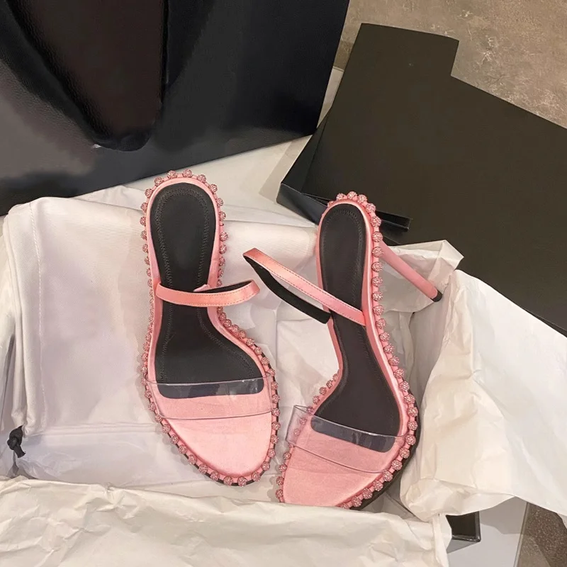 

2025 Summer New Open Toe Rhinestone Transparent Pink Outdoor Women Slippers Sexy Casual Back Strap Women High Heel Sandals