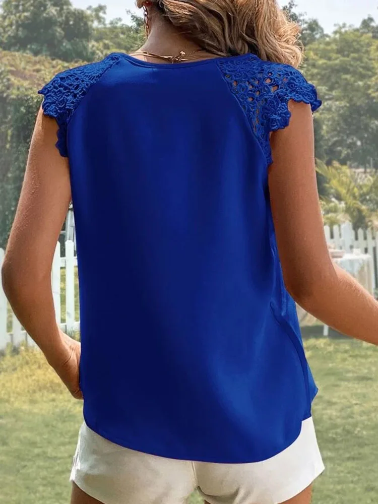 Elegant Women\'s Casual Blouse 2023 Summer Solid V-Neck Panel Lace Tank Tops Office Lady Short Sleeve Shirts Streetwear Women New