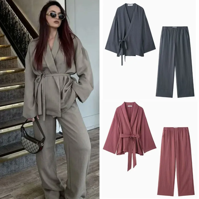 

Sleepwear Women Trousers Suits V-neck Long Sleeve Kimono Style Lace Up Shirt Top 2025 Woman Wide Leg Long Pant Sets Pijamas
