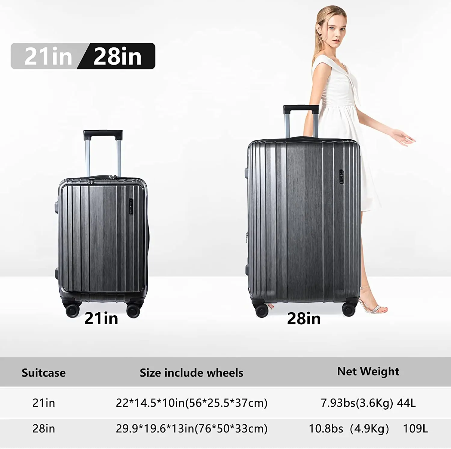 Ensemble de bagages avec poche avant pour ordinateur portable, extensible, ABS et PC, valise rigide légère, roues tournantes, serrure TSA, gris, 21/28, 2 pièces