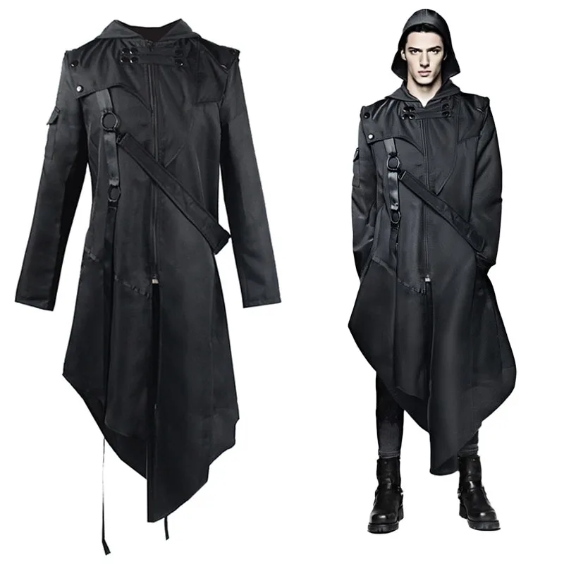 

Men's Gothic Long Sleeve Hooded Jacket Cosplay Costume Pure Color Vintage Halloween Outfit for Adults