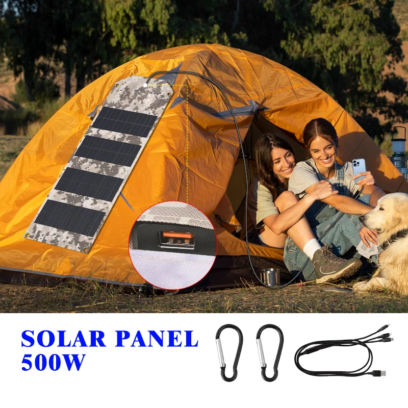 

500W Foldable Solar Panel USB 5V Solar Charger Portable Solar Cell Outdoor Phone Power Bank for Camping Hiking + Cable