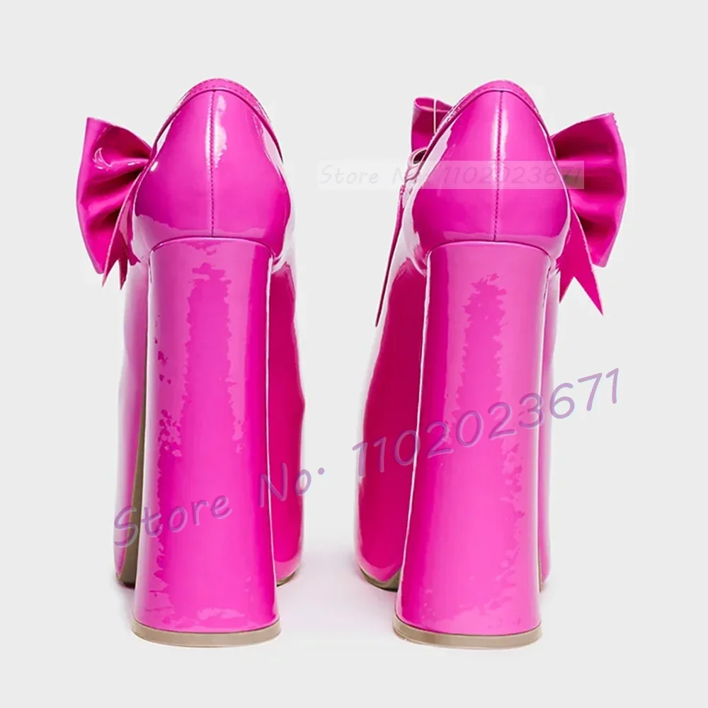 Hot Pink Patent Chunky Heel Bow Sandals Women's Evening Round Toe Platform Pumps Sweet Girl Party Cover Heel Showy Classy Shoes - view 2