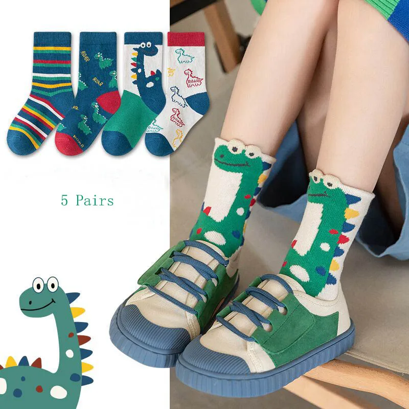 Children's Socks Boys' Dinosaur Medium Tube Socks Boys' and Babies' Sweat Absorbing Casual All-season Socks 1-12 Years