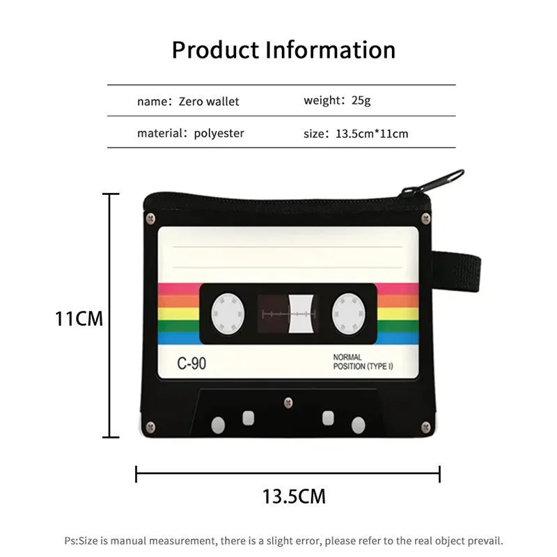 Cassette Tape Recorder Printing Coin Purse para Mulheres Carteiras Impermeáveis, Travel Money Bag, Titular do Cartão, Mini Coin Bags, Key Case, Key