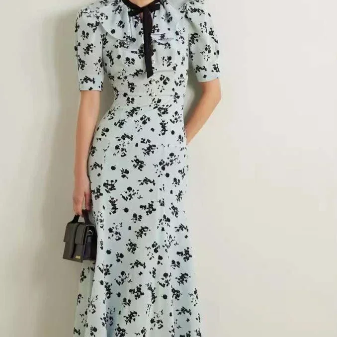 Women's  2024 New Green Floral Print Elegant Arrivals Fashion Style High Quality Short Sleeve Ruffles Midi Dresses